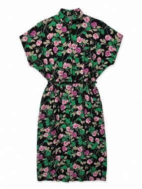Vintage 1980s Dress Code Floral Midi Dress Women’s M Patent Belt Dolman Sleeve